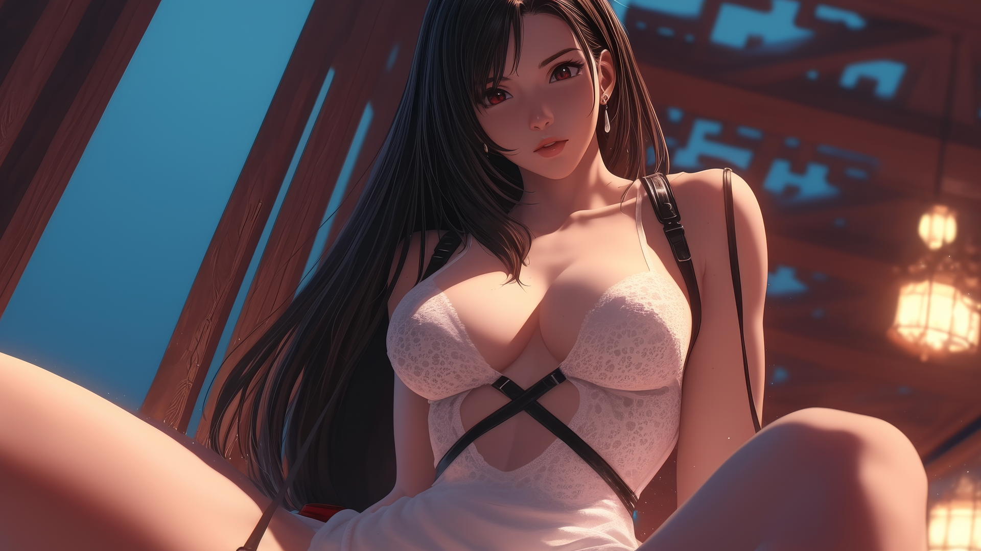 Tifa Lockhart kneeling in a wedding dress, seen from below, warm light, ceiling background.
