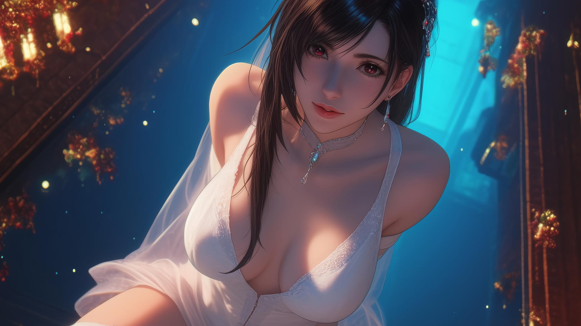 Tifa Lockhart in a wedding dress kneeling and leaning forward with a ceiling background.