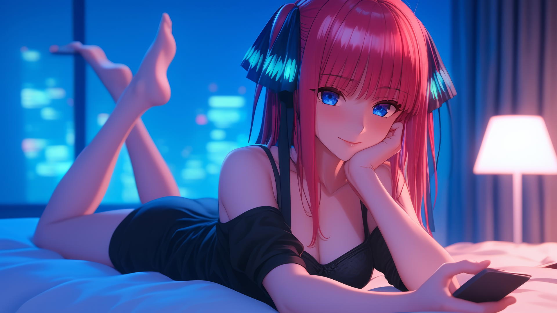 Nino Nakano relaxing in a modern hotel room with moonlight illuminating her.