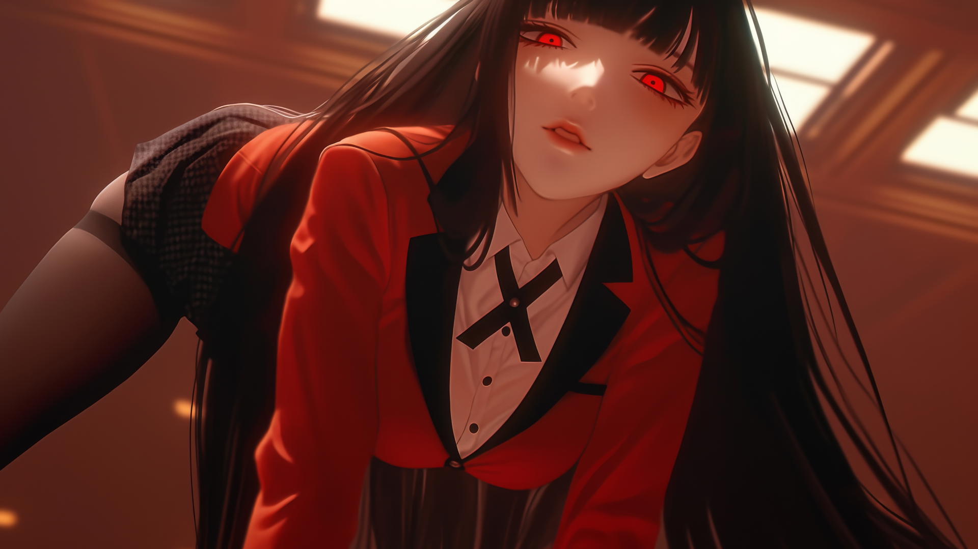 Yumeko Jabami from Kakegurui leaning, kneeling with hime-cut black hair and red eyes.