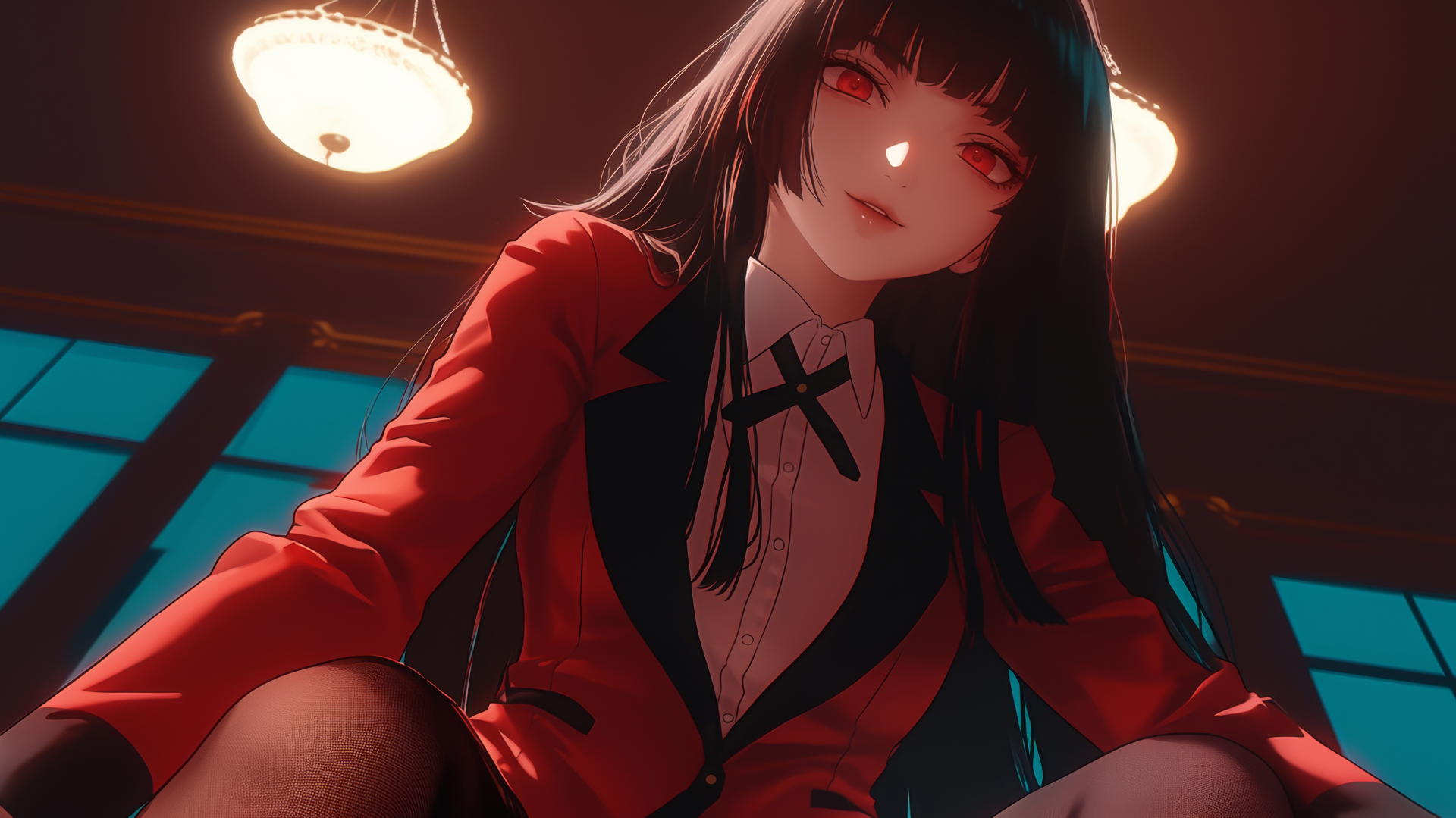 Yumeko Jabami kneeling and leaning forward with a soft warm glow