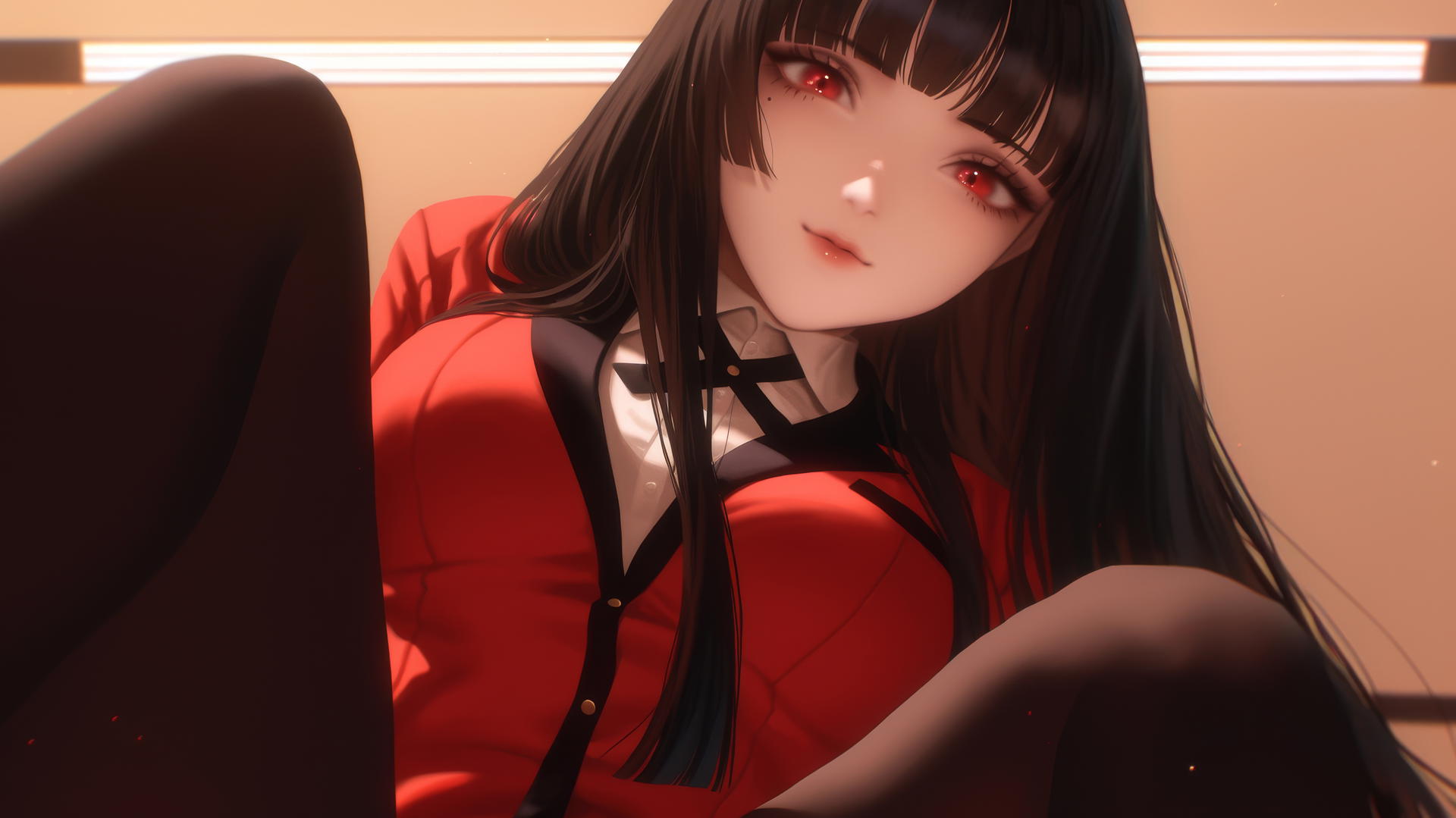 Yumeko Jabami kneeling and leaning with hime-cut hair and red eyes