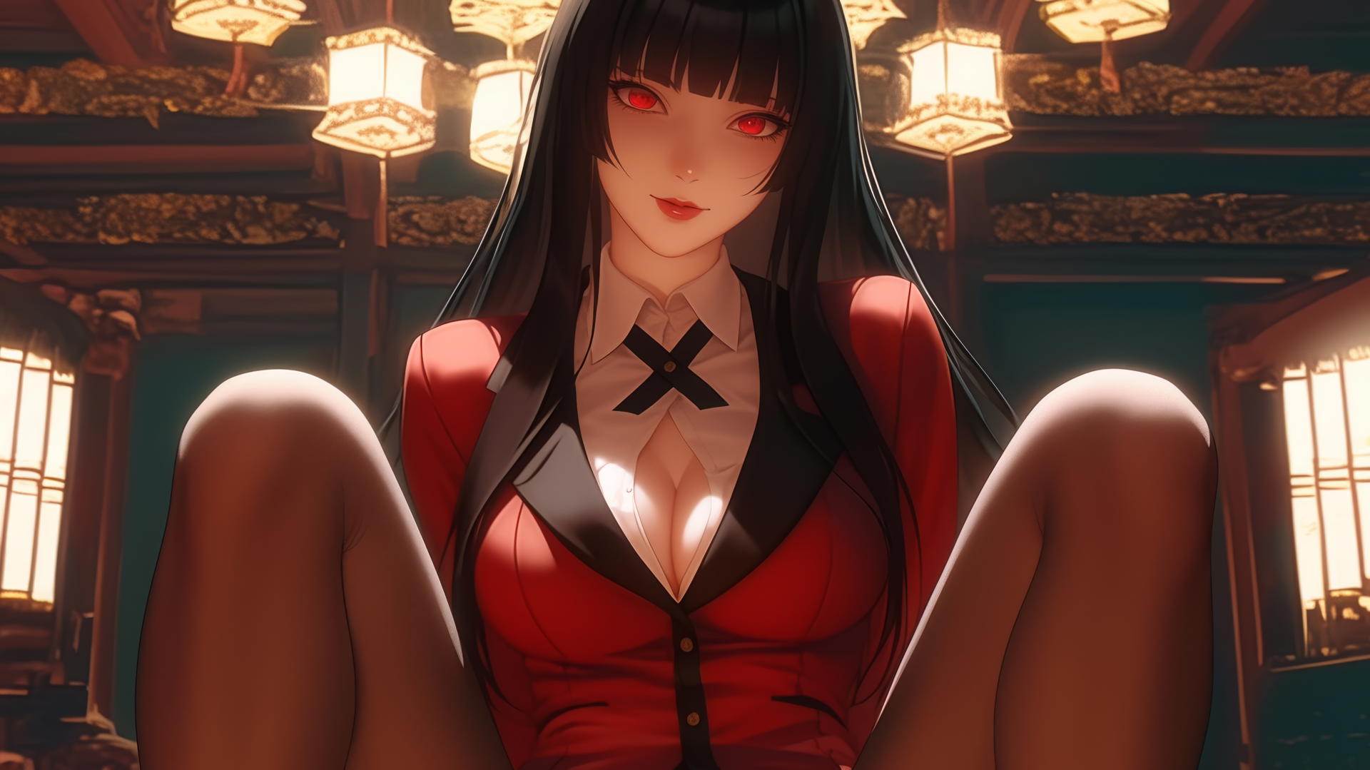 Yumeko Jabami kneeling and leaning towards the viewer with a glowing warm light