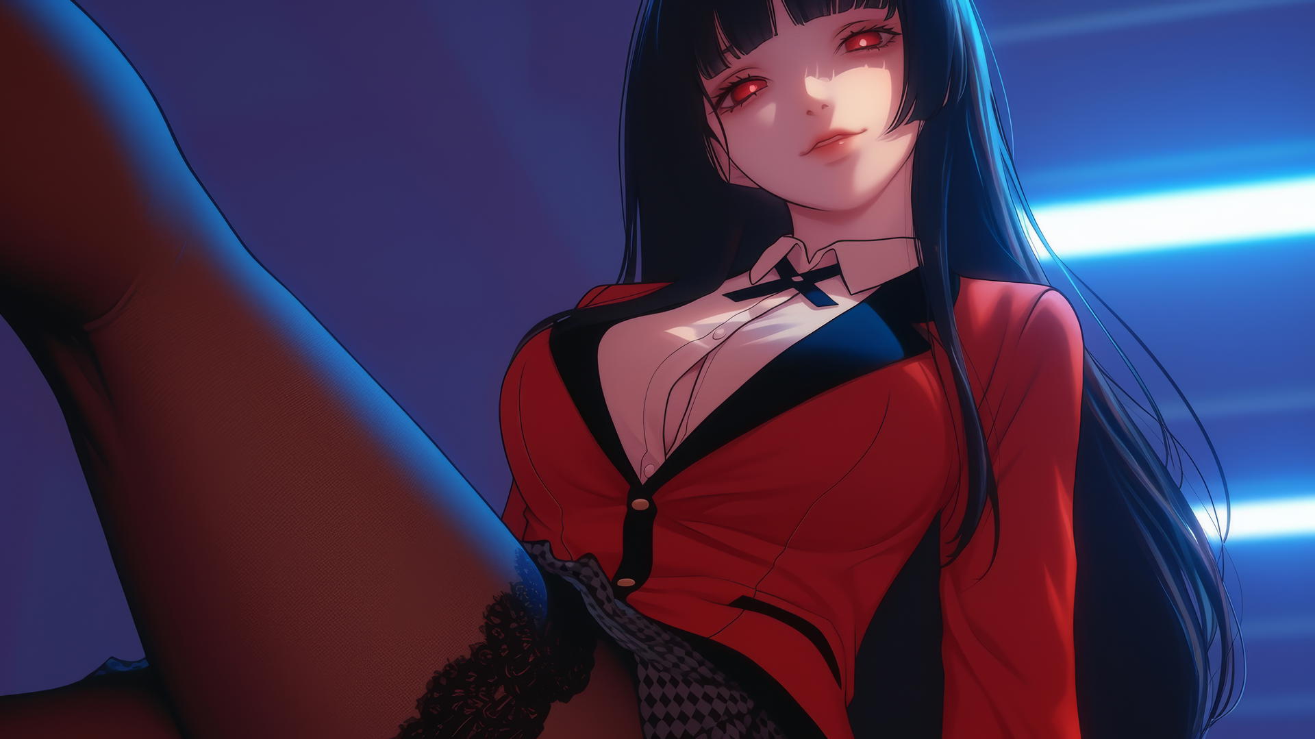 Yumeko Jabami kneeling and leaning forward with a warm glow, viewed from below.