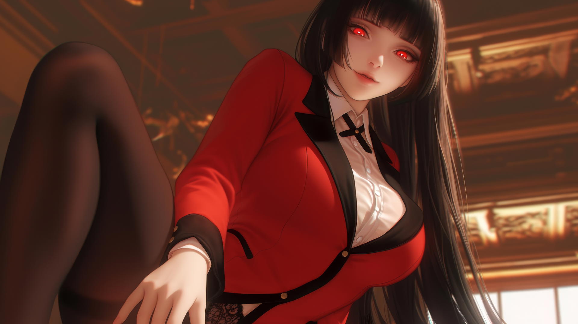 Yumeko Jabami from Kakegurui leaning and kneeling with warm light