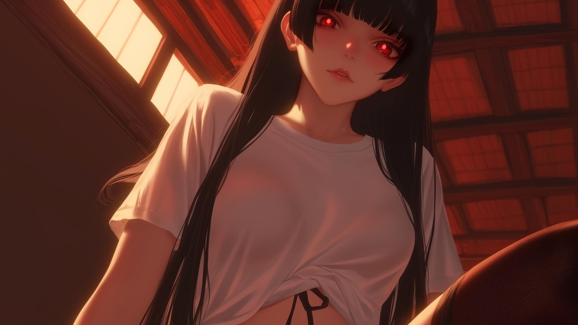 Yumeko Jabami kneeling, leaning forward, in white T-shirt with hime-cut hair and red eyes.