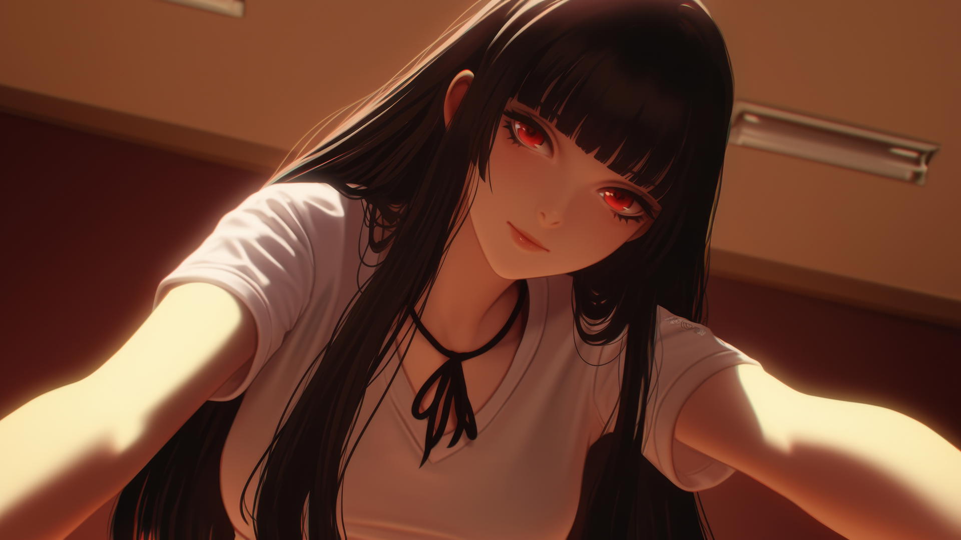 Yumeko Jabami from Kakegurui kneeling, leaning forward with red eyes and hime-cut hair