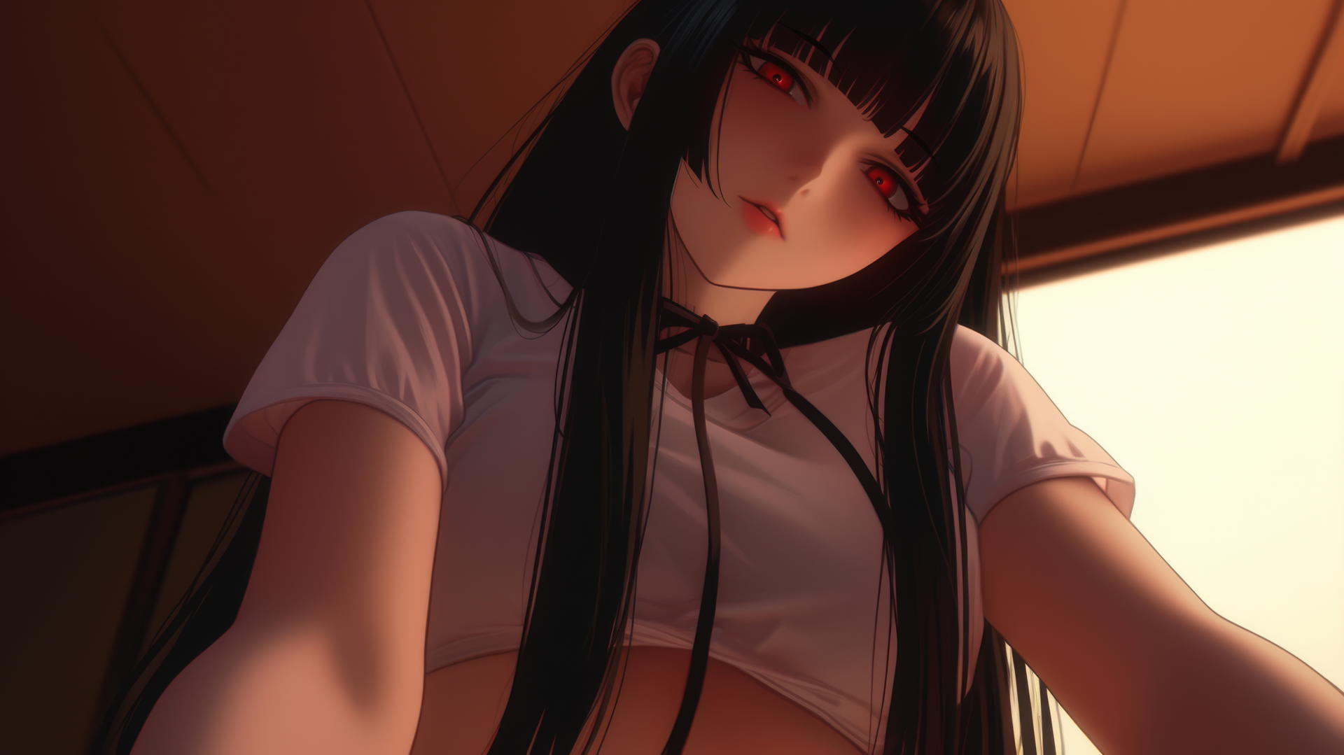 Yumeko Jabami kneeling, leaning forward in a white t-shirt with hime-cut hair