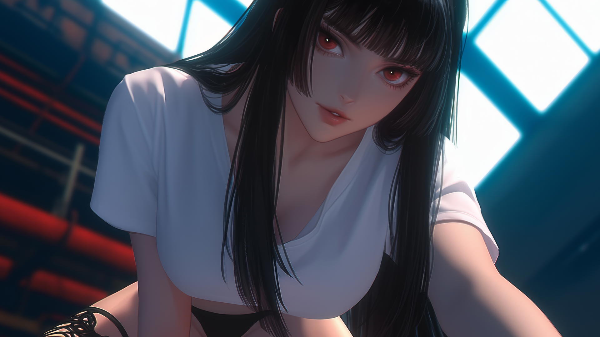 Yumeko Jabami kneeling, leaning forward with a hime-cut and red eyes
