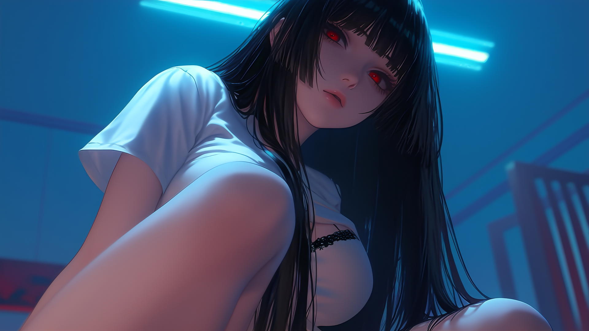 Yumeko Jabami from Kakegurui, in white t-shirt, kneeling and leaning forward, seen from below with a ceiling background.