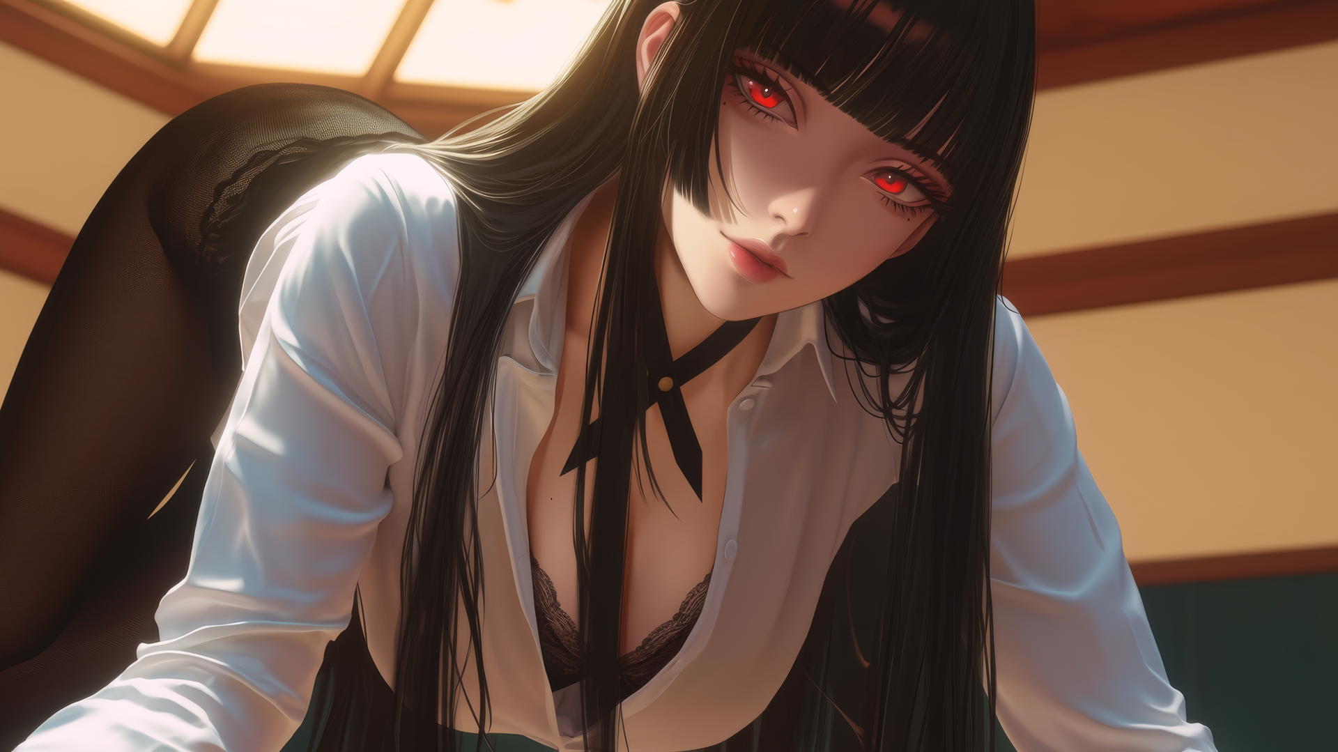 Yumeko Jabami kneeling in a white office shirt, viewed from below with a ceiling background.