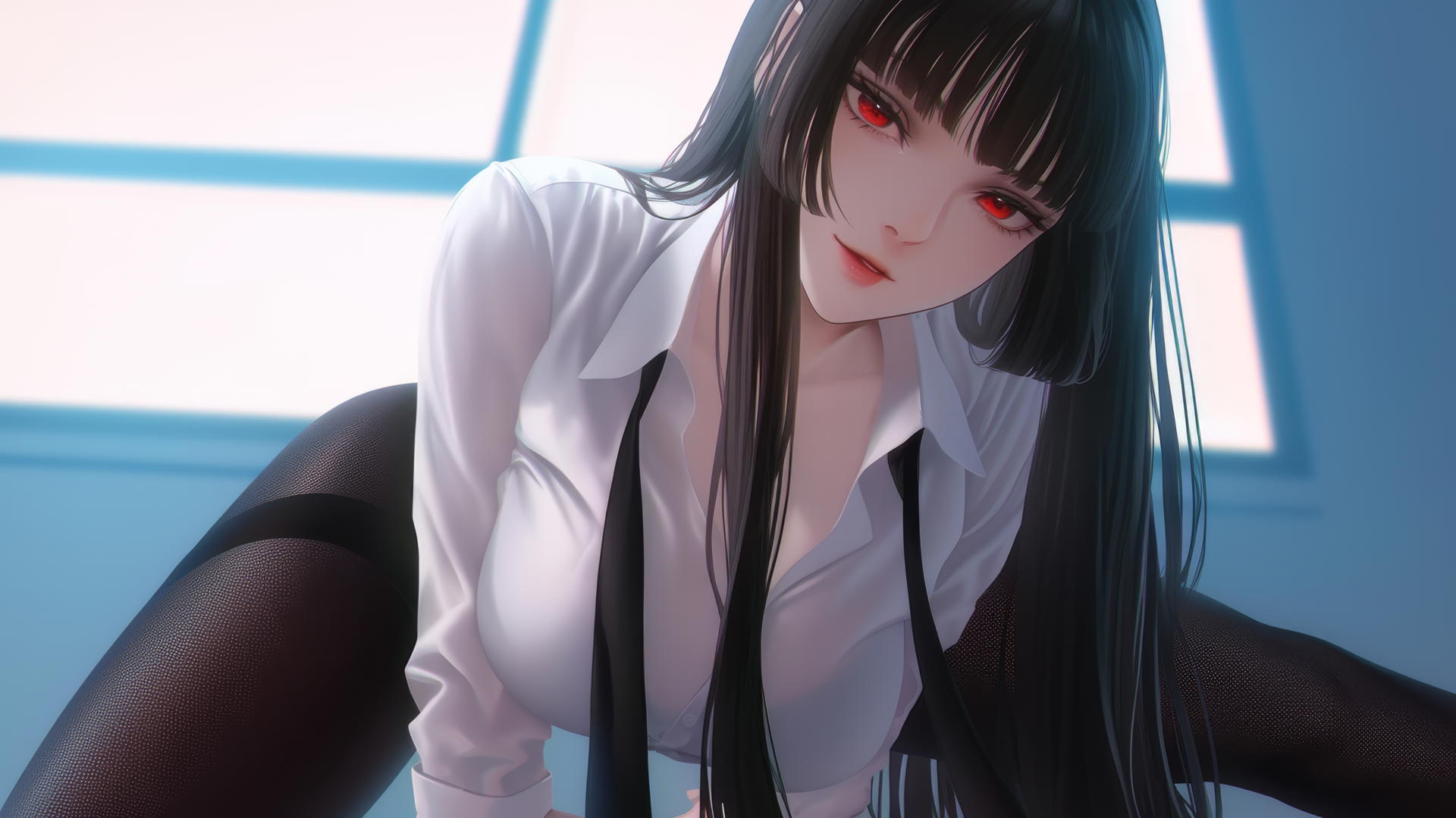Yumeko Jabami kneeling, leaning forward with a soft glow, seen from below