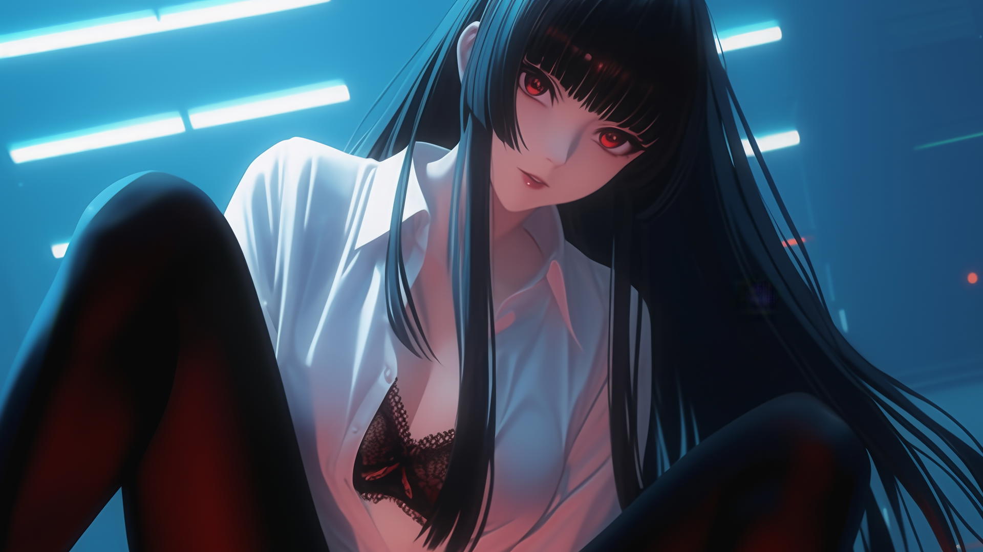 Yumeko Jabami kneeling and leaning forward, warm light, ceiling background.