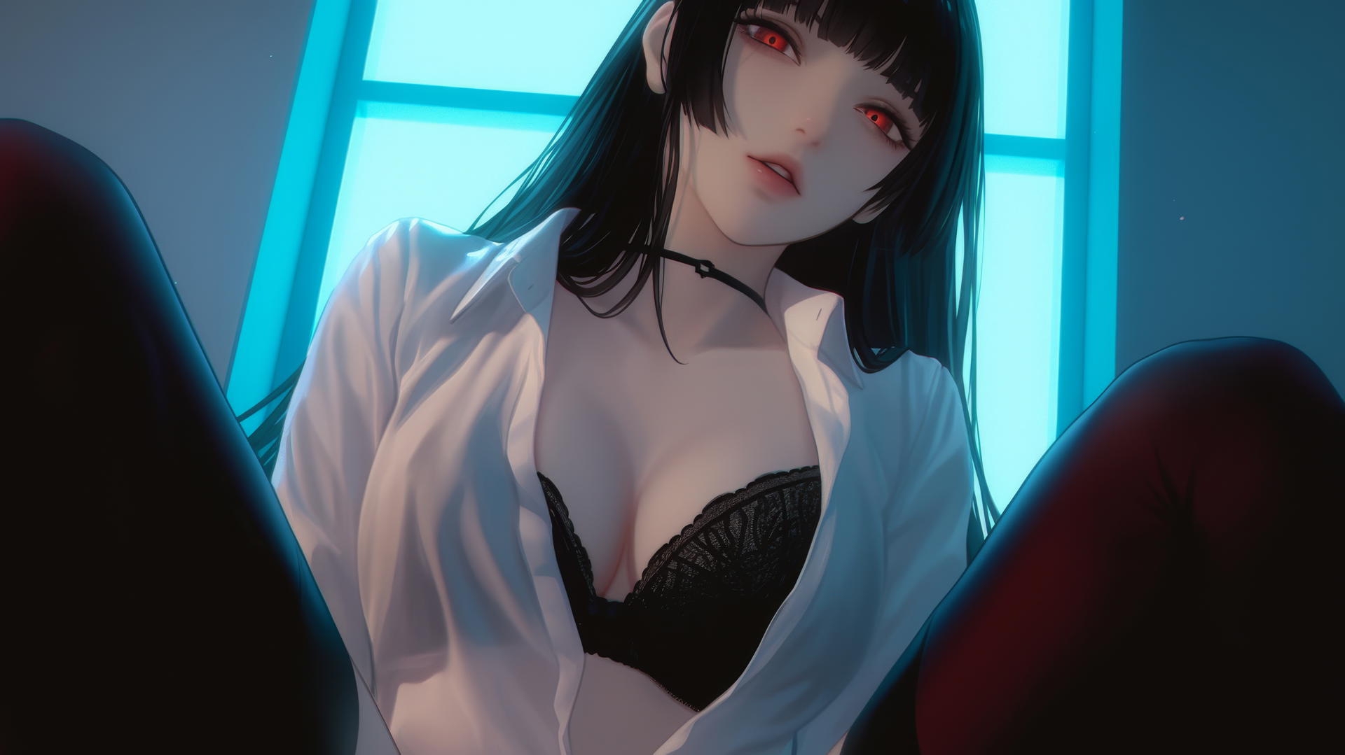 Yumeko Jabami kneeling in white office shirt, looking down with warm light glow.