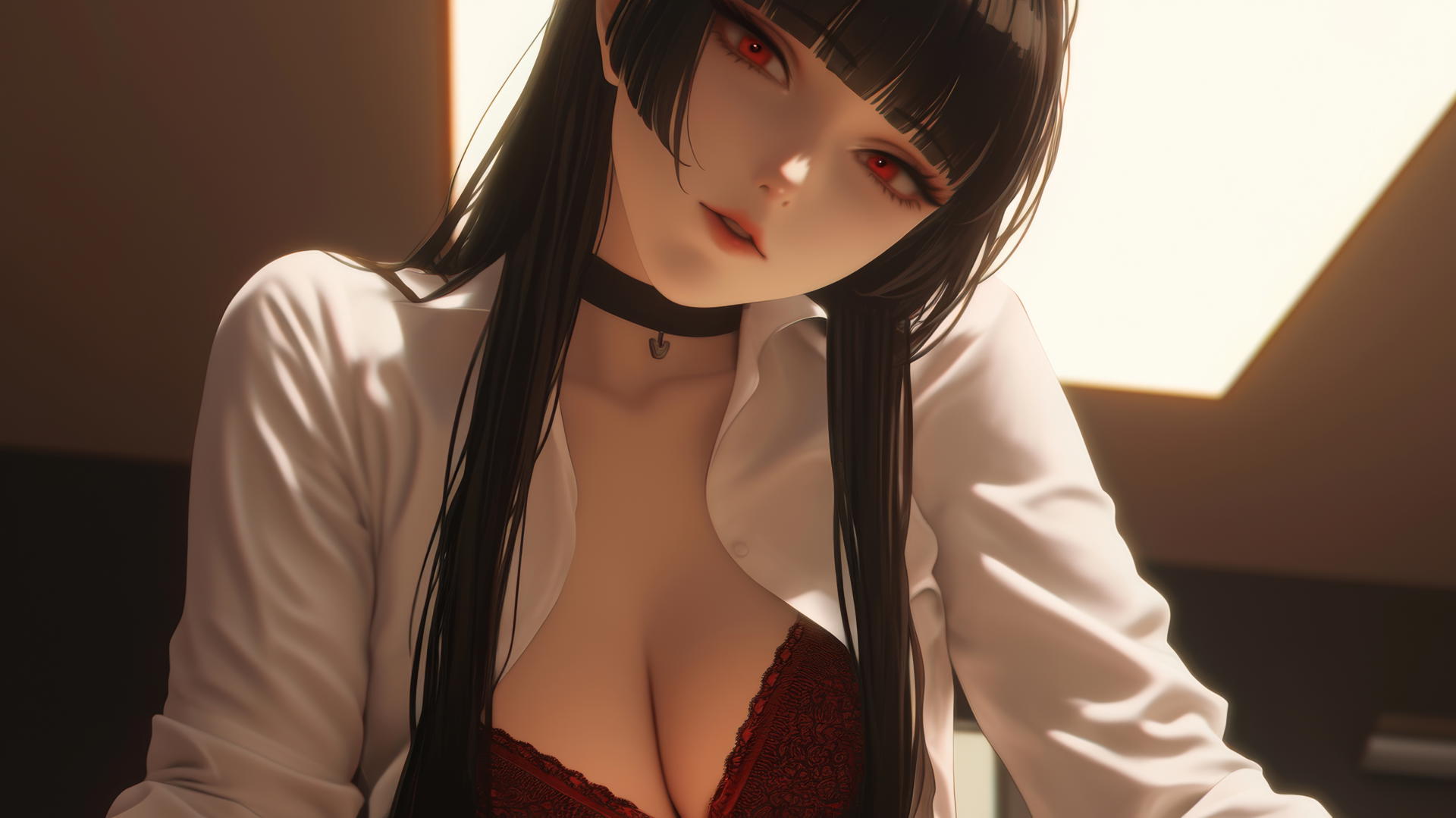 Yumeko Jabami kneeling in office shirt, hime-cut hairstyle, red eyes, warm light