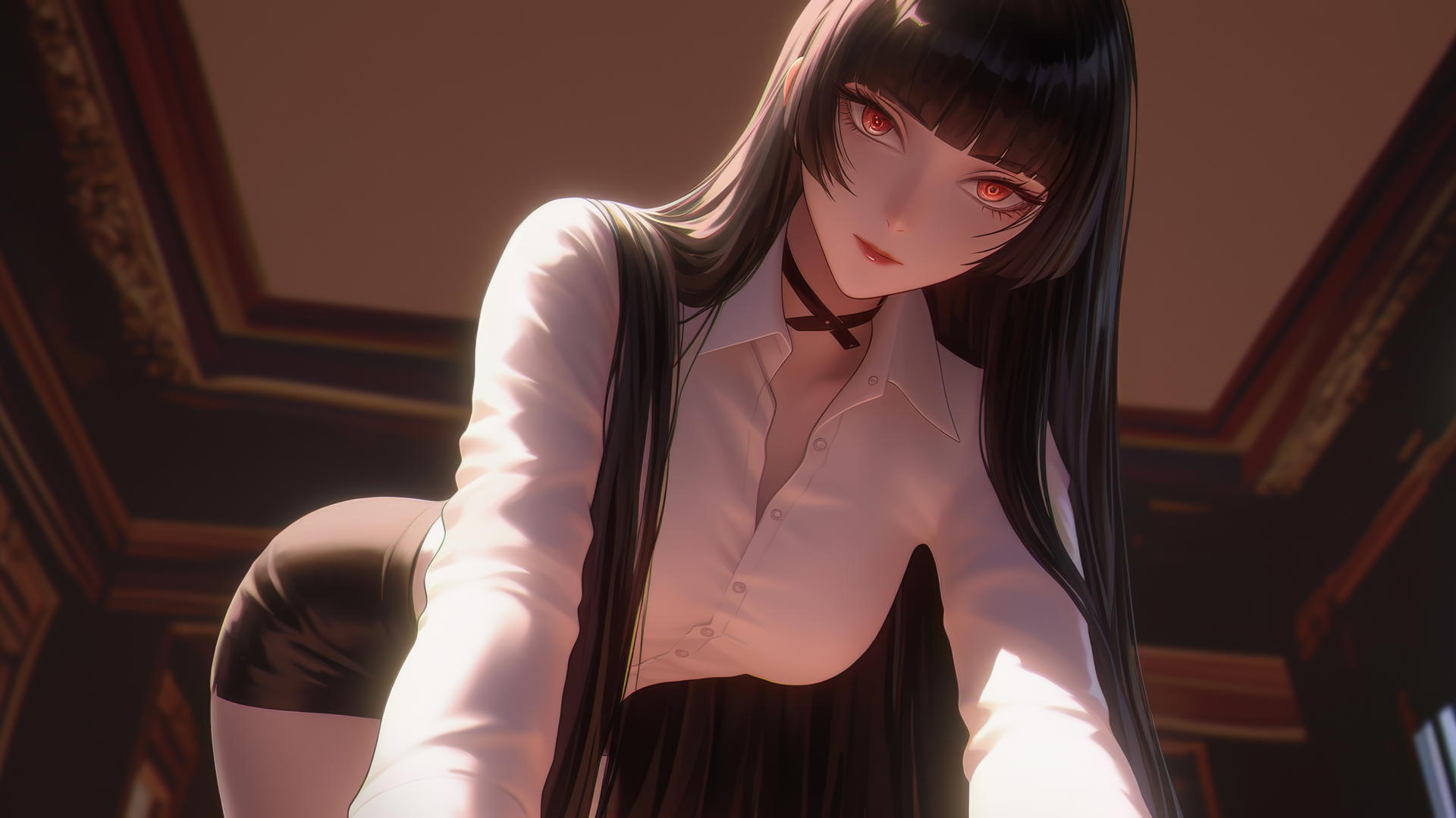 Yumeko Jabami kneeling, leaning forward, in a white office shirt, hime-cut black hair, red eyes, warm light, ceiling background