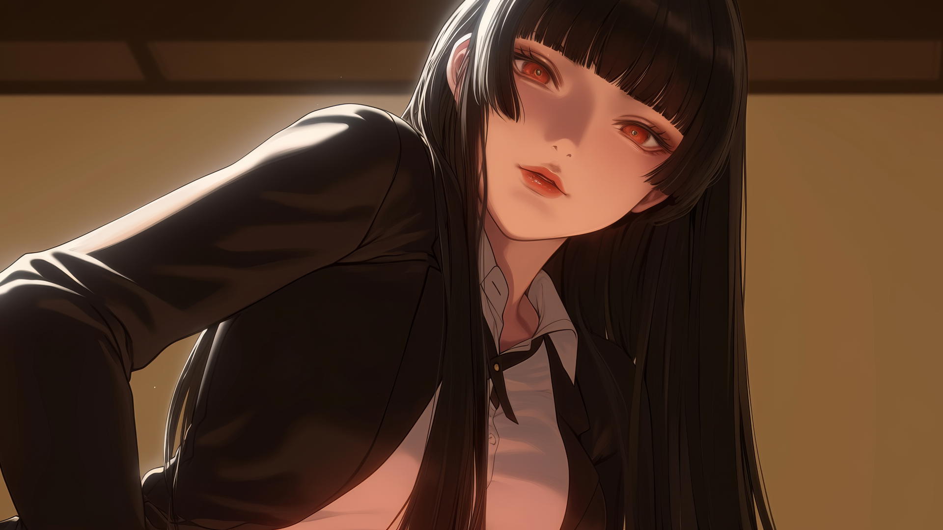 Yumeko Jabami kneeling, leaning forward with a warm light glow.