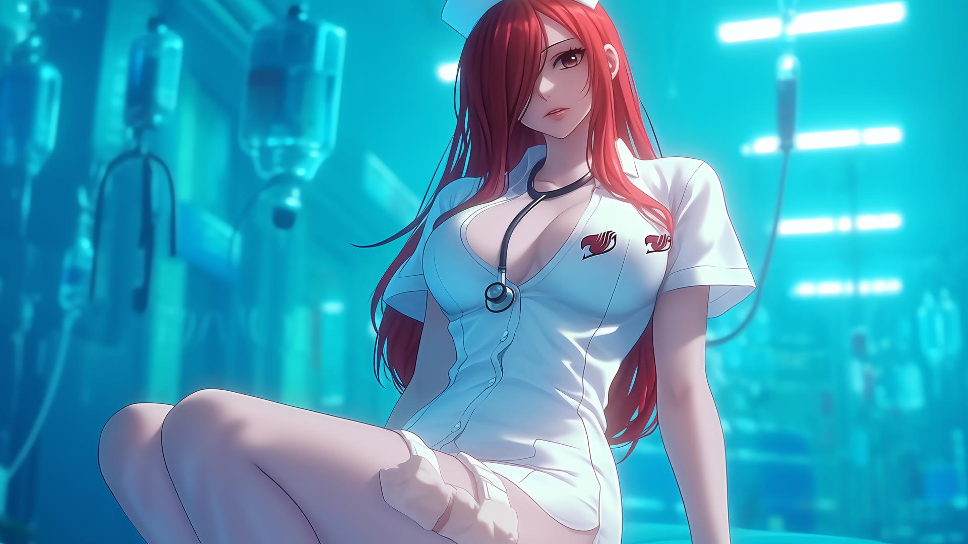 Erza Scarlet from Fairy Tail kneeling and leaning forward with a ceiling in the background.