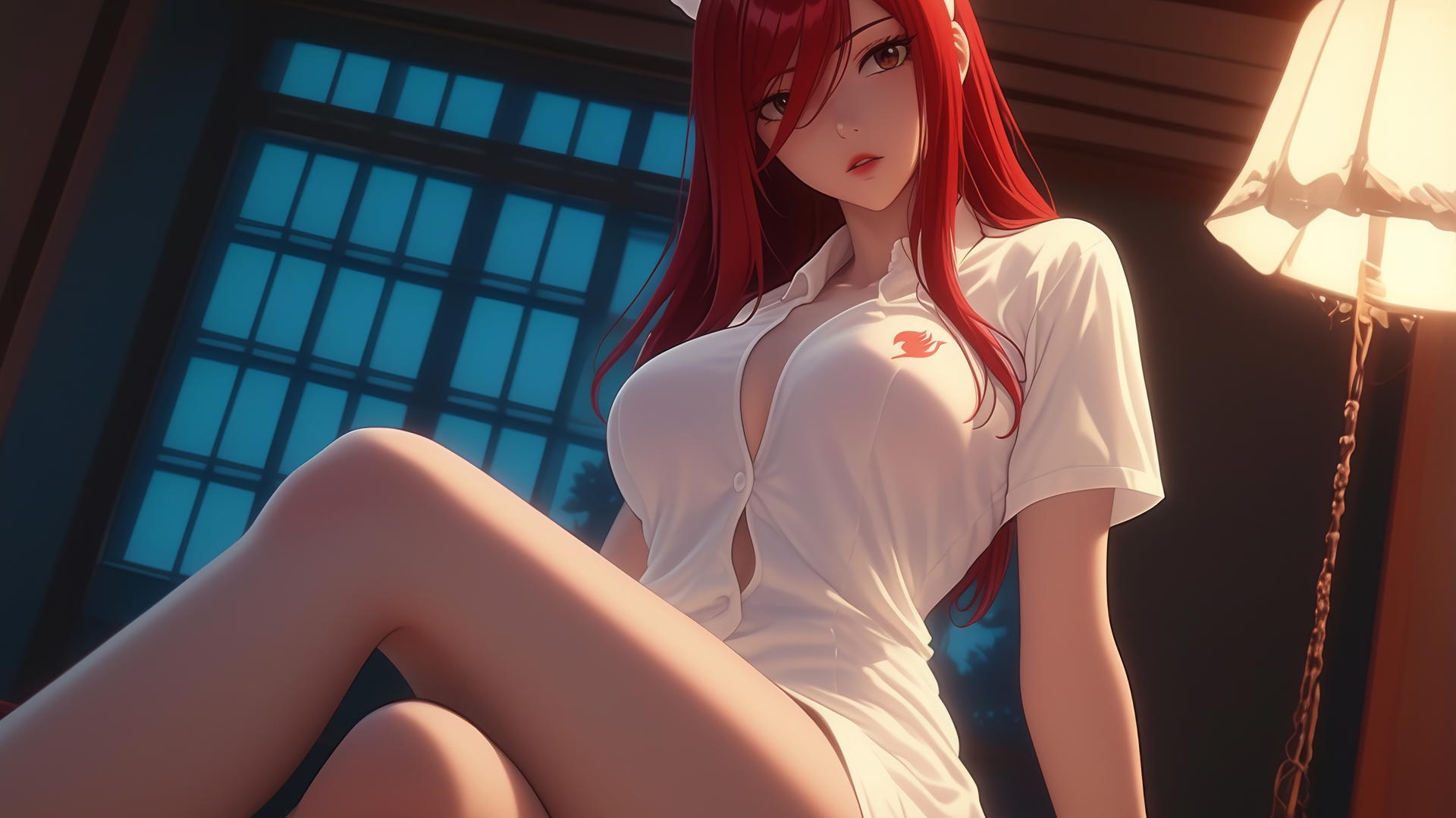 Nurse Erza Scarlet with scarlet hair and brown eyes leaning forward and looking down