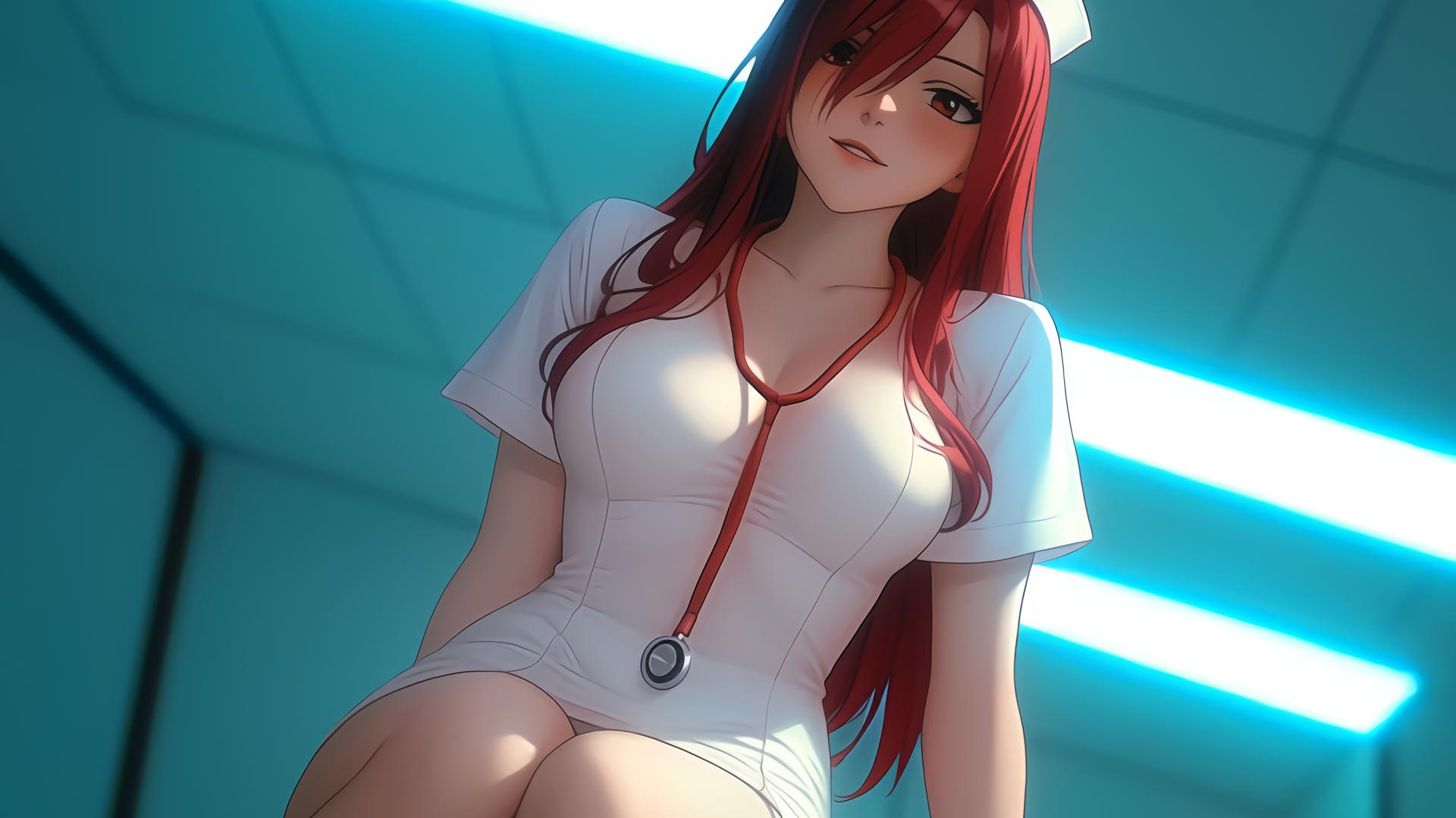 Erza Scarlet as a nurse, kneeling and leaning with scarlet hair and brown eyes, warm light