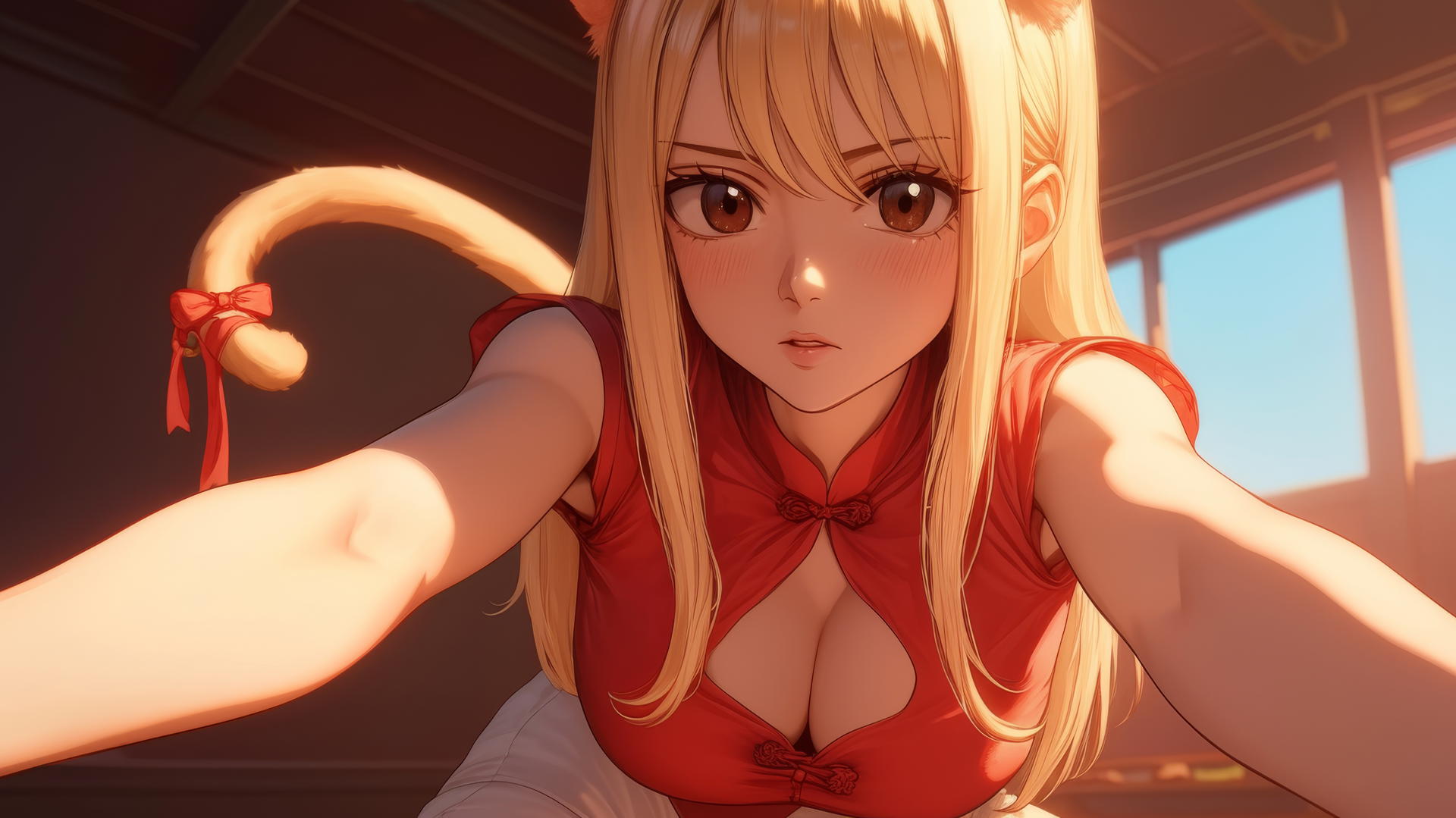Pink cat girl with blonde hair and brown eyes kneeling, looking down with soft glow.
