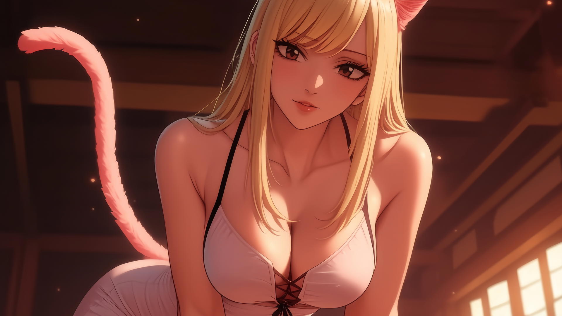 Pink cat girl Lucy Heartfilia kneeling and leaning forward with warm light