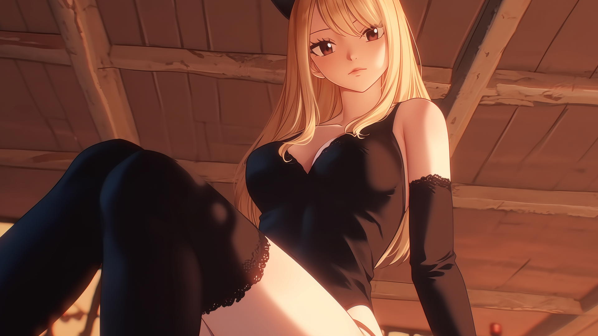 Black cat girl resembling Lucy Heartfilia with brown eyes and blonde hair kneeling, looking down.