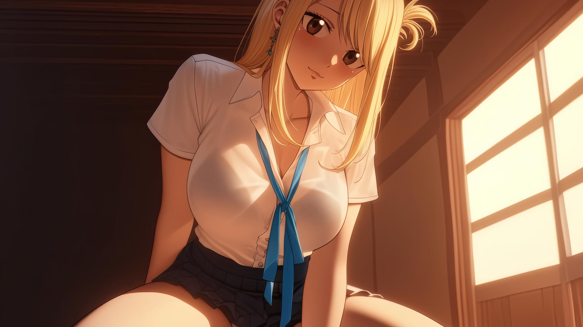 Lucy Heartfilia kneeling and leaning forward with warm light and ceiling background