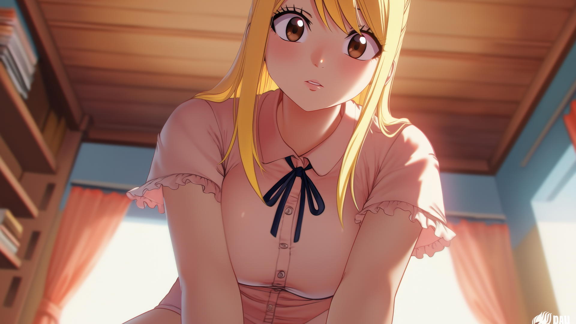 Lucy Heartfilia as a nurse kneeling and leaning forward, viewed from below