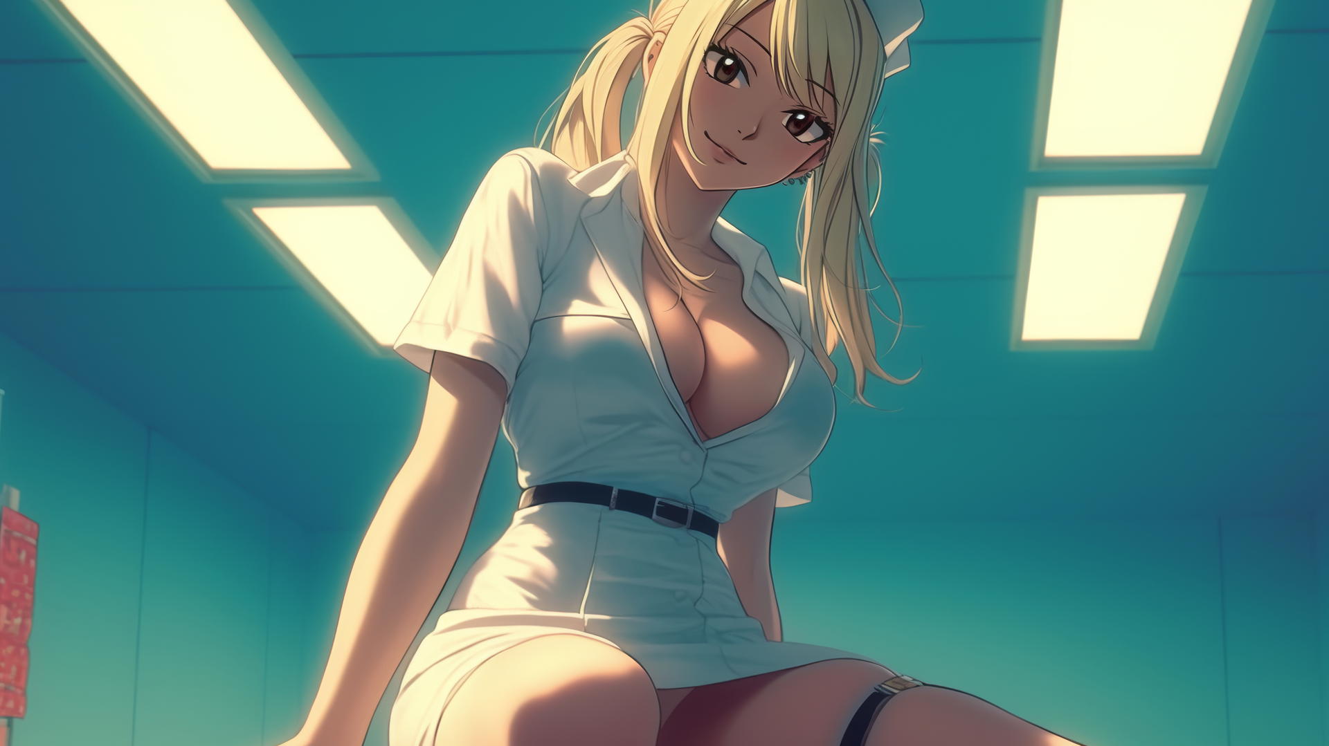 Lucy Heartfilia as a nurse kneeling with warm light in a hospital