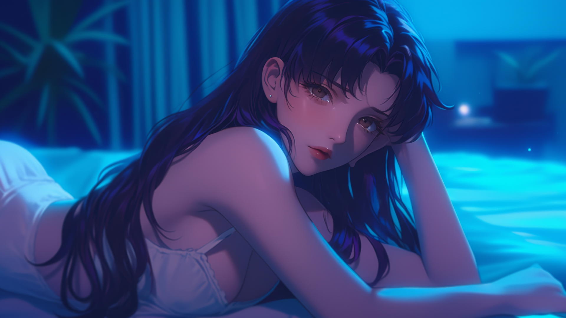 Misato Katsuragi from Neon Genesis Evangelion with violet hair resting in a hotel room.