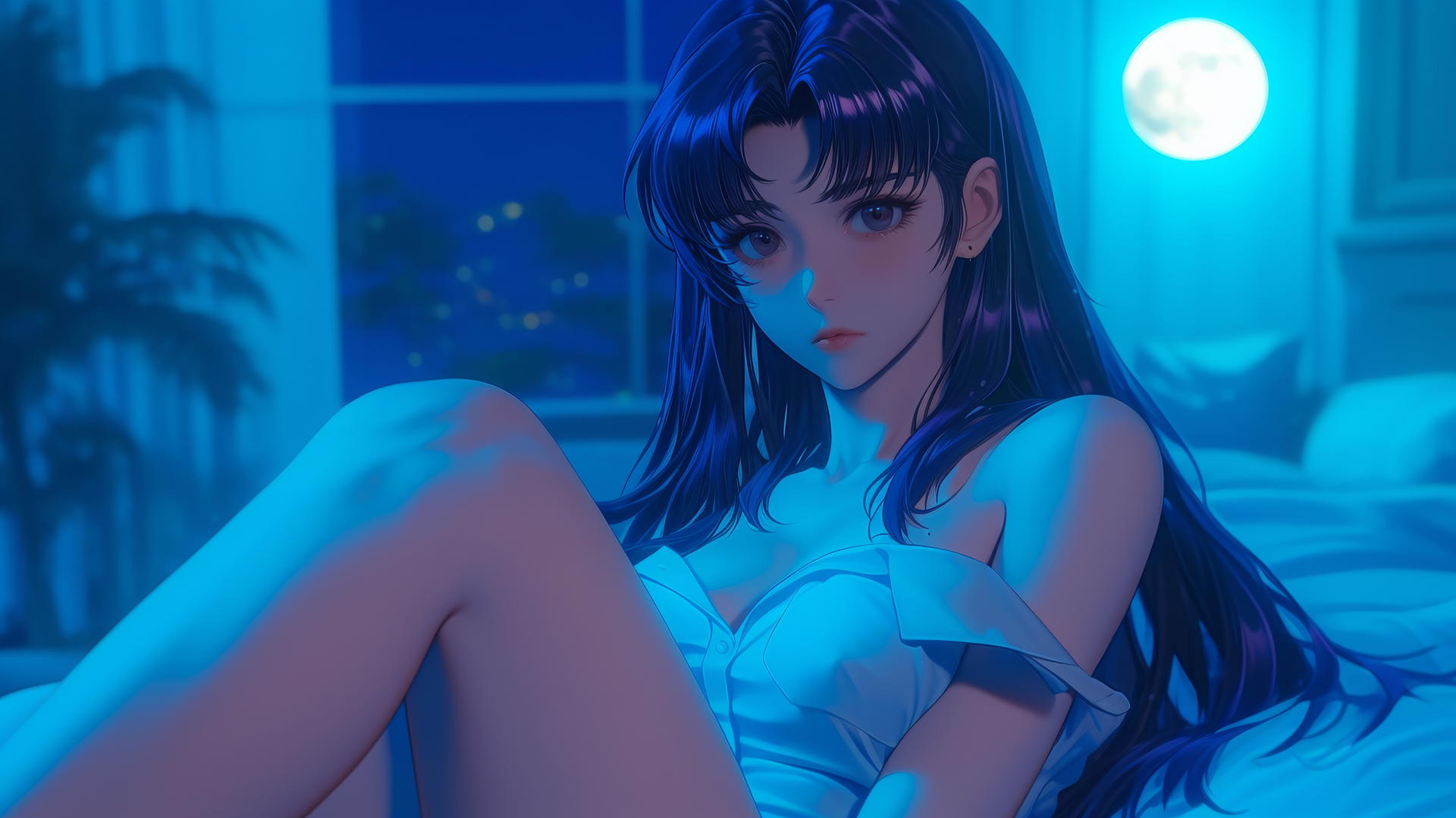 Misato Katsuragi from Neon Genesis Evangelion, resting in a moonlit modern hotel room