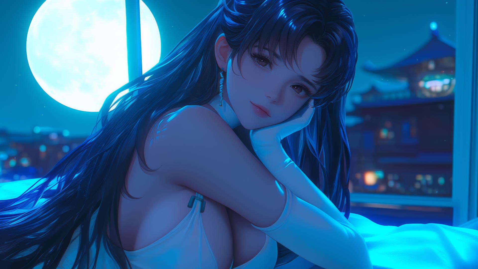 Misato Katsuragi with long dark violet hair and brown eyes, resting in a hotel room.