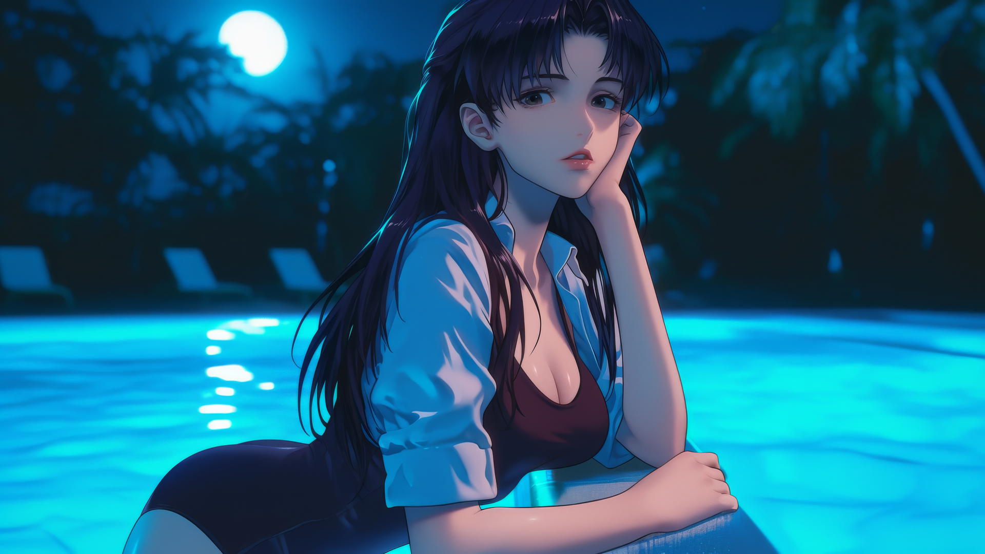 Misato Katsuragi with violet hair and brown eyes resting at a swimming pool under moonlight.