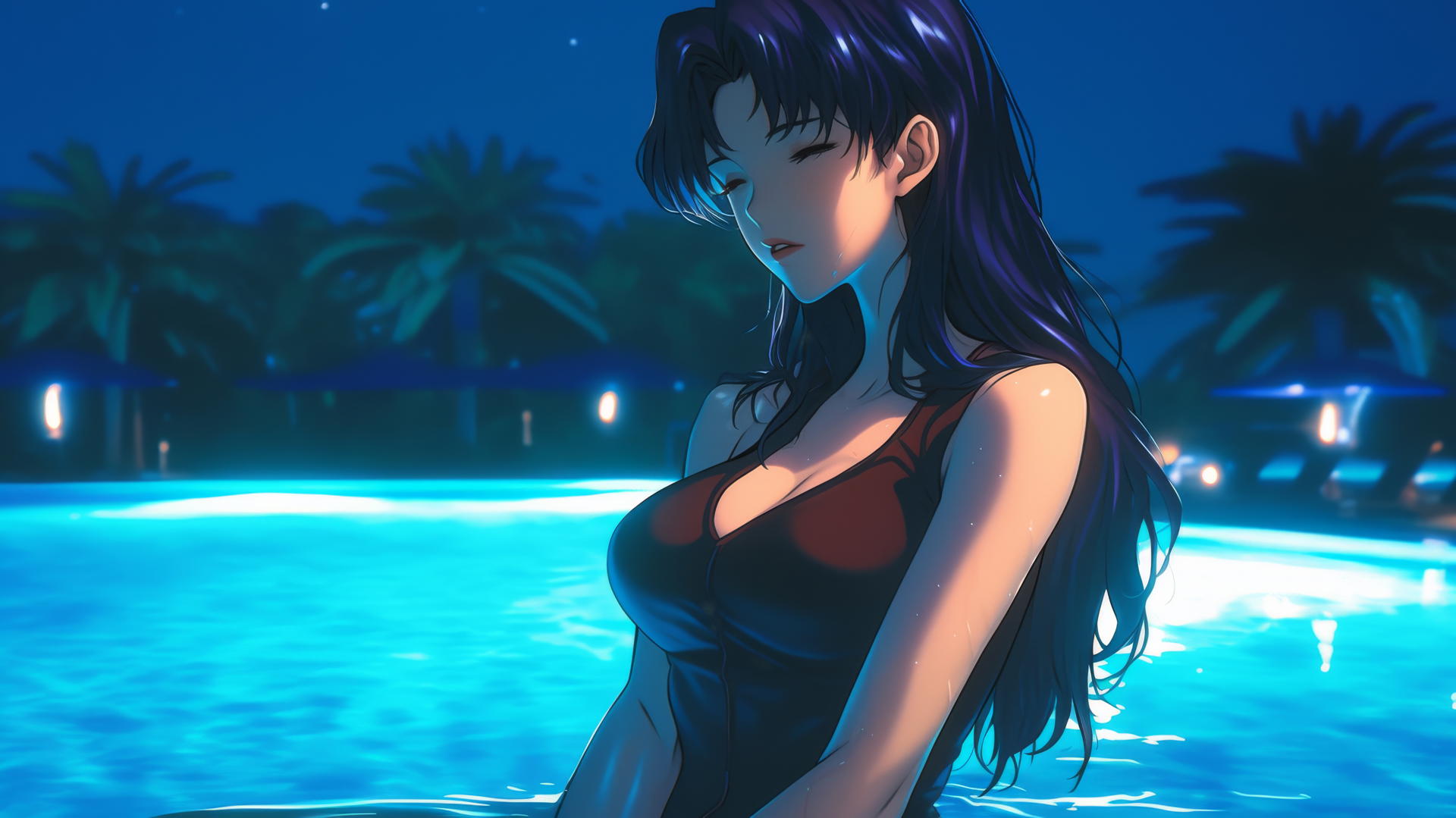 Misato Katsuragi from Neon Genesis Evangelion resting by a moonlit swimming pool
