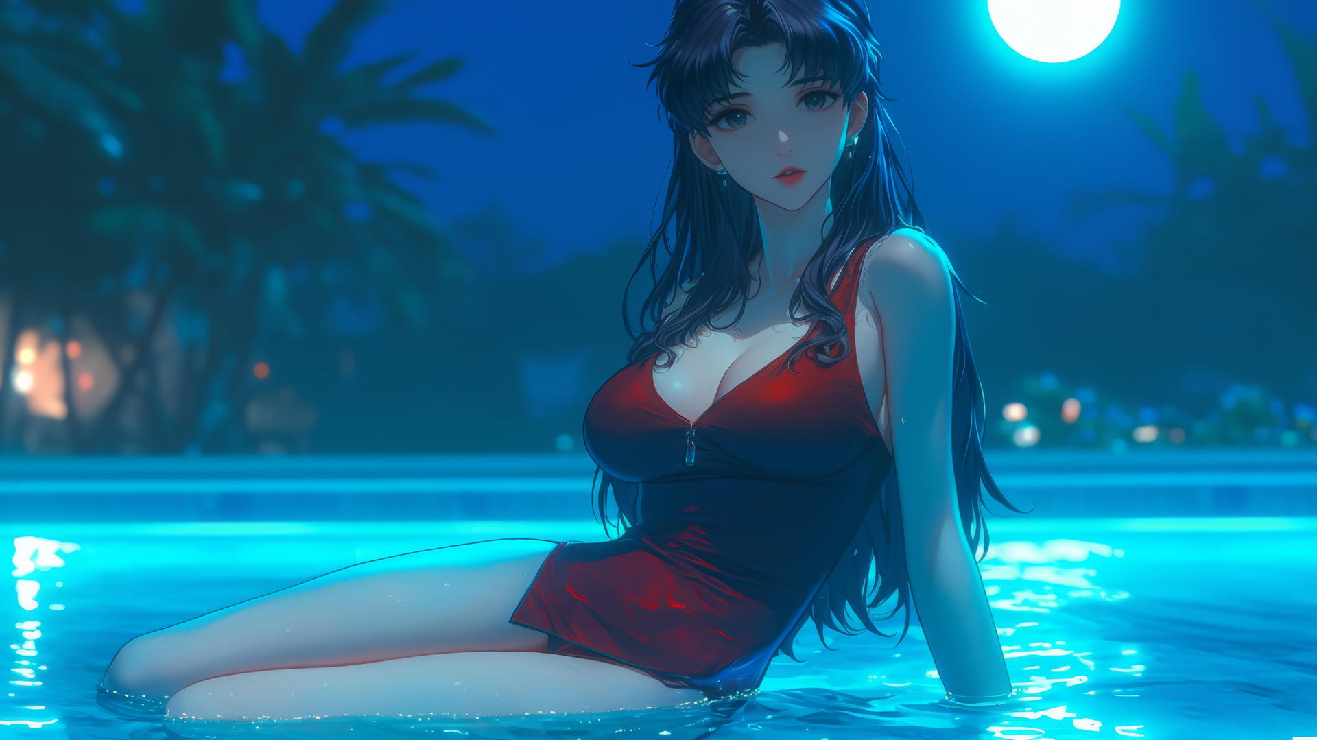 Misato Katsuragi with wavy violet hair and dark brown eyes resting at a swimming pool under moonlight.
