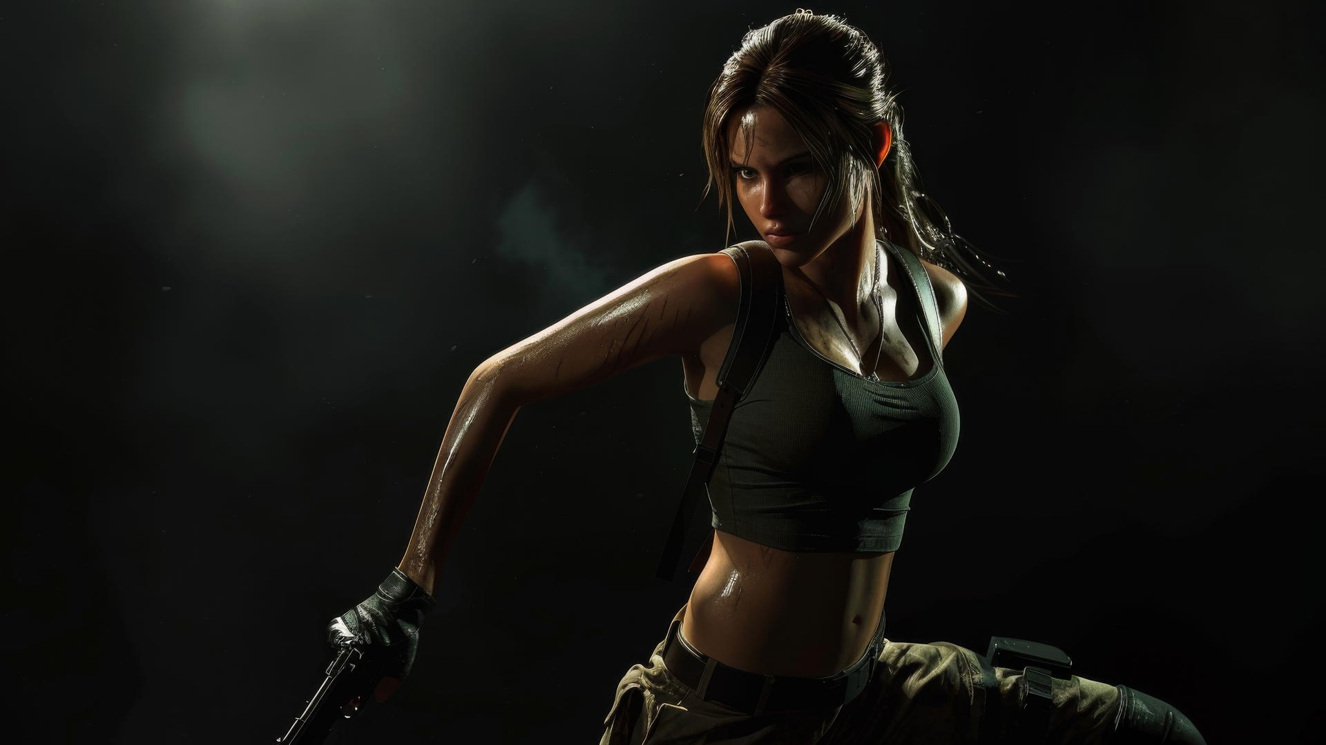 Lara Croft in spotlight on dark background with dynamic pose highlighting thigh