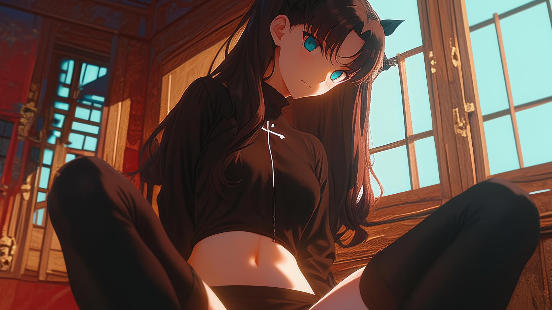 Rin Tohsaka in all black, kneeling, and leaning forward with a warm glow.