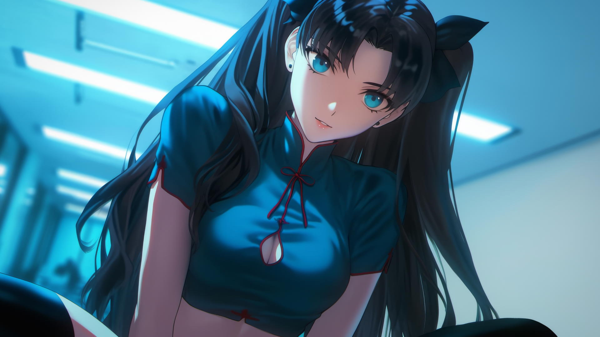 Rin Tohsaka kneeling and leaning with warm light, seen from below with a ceiling background