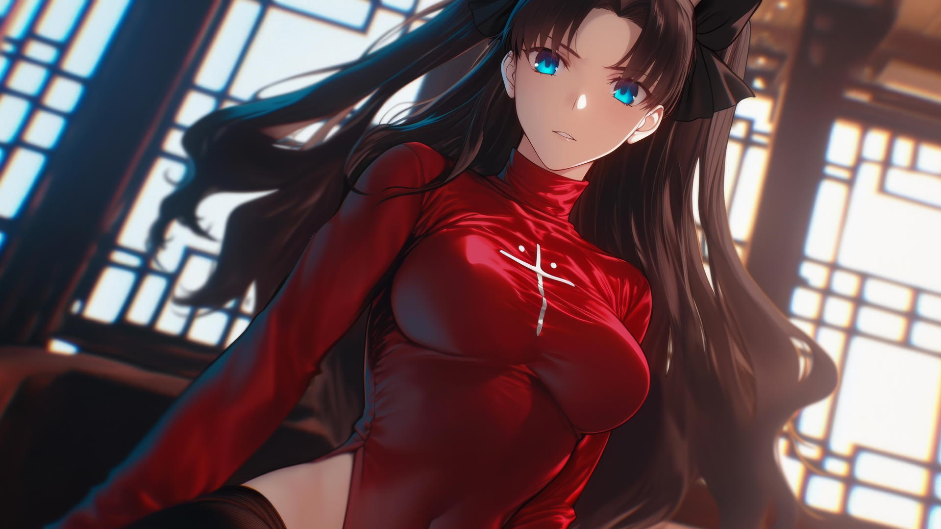 Rin Tohsaka from Fate Stay Night, kneeling and leaning, warm light, ceiling background