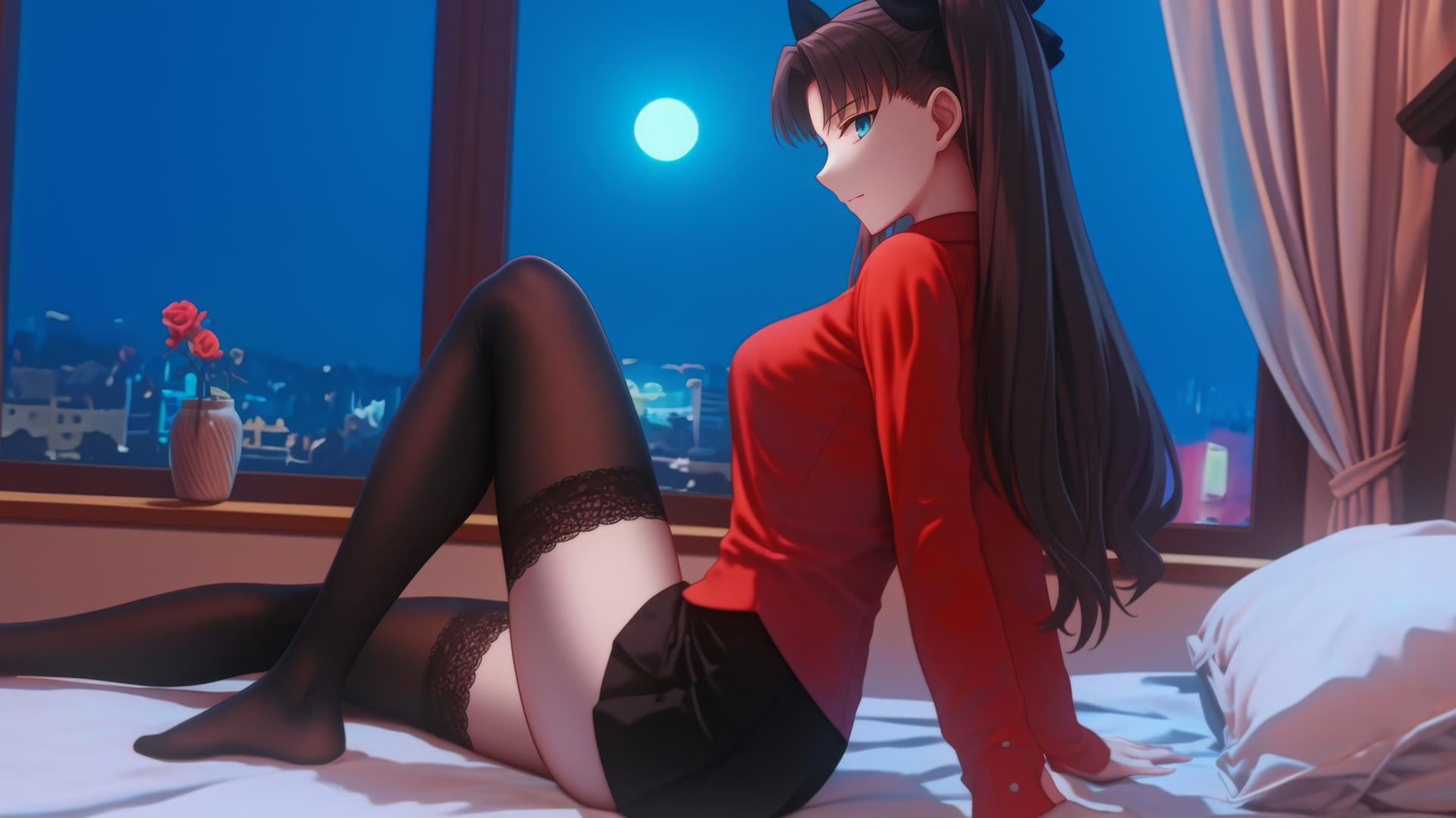 Rin Tohsaka from behind, resting in a modern hotel room with moonlight on her back and legs.