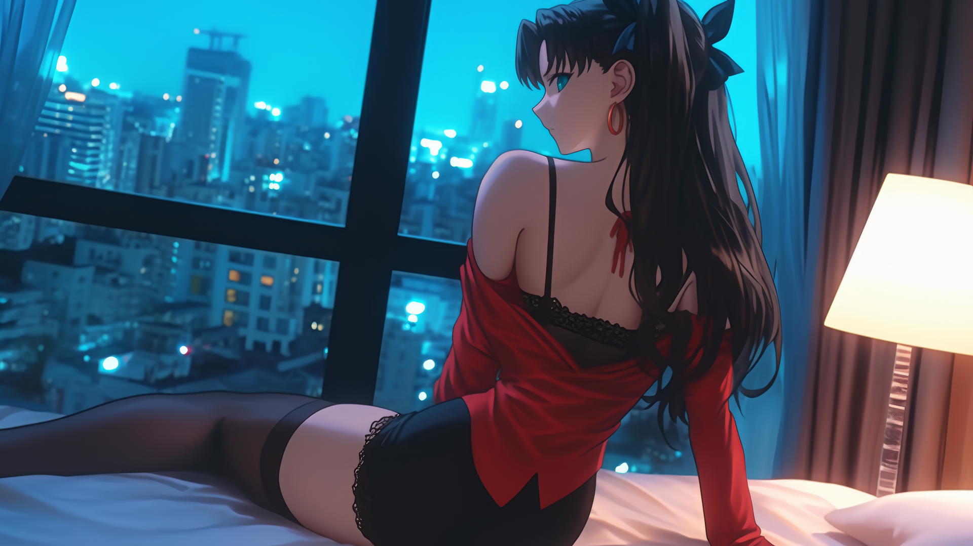 Rin Tohsaka resting in a modern hotel room with moonlight on her back