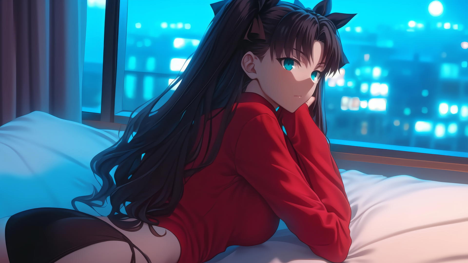 Rin Tohsaka from Fate/stay night resting in modern hotel room, moonlight glow