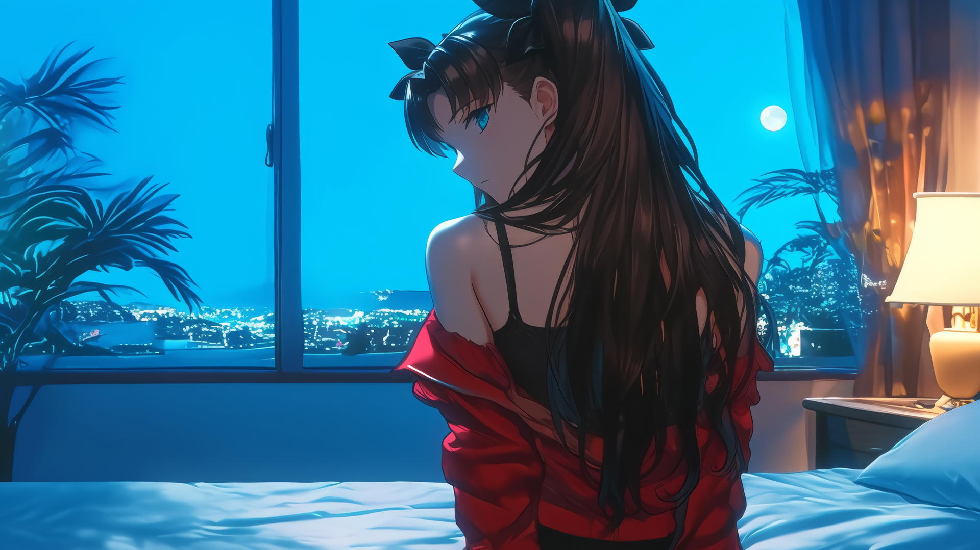 Rin Tohsaka kneeling in a modern hotel room with moonlight on her back