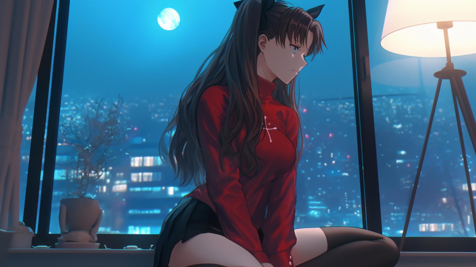 Rin Tohsaka kneeling in a modern hotel room with moonlight on her back