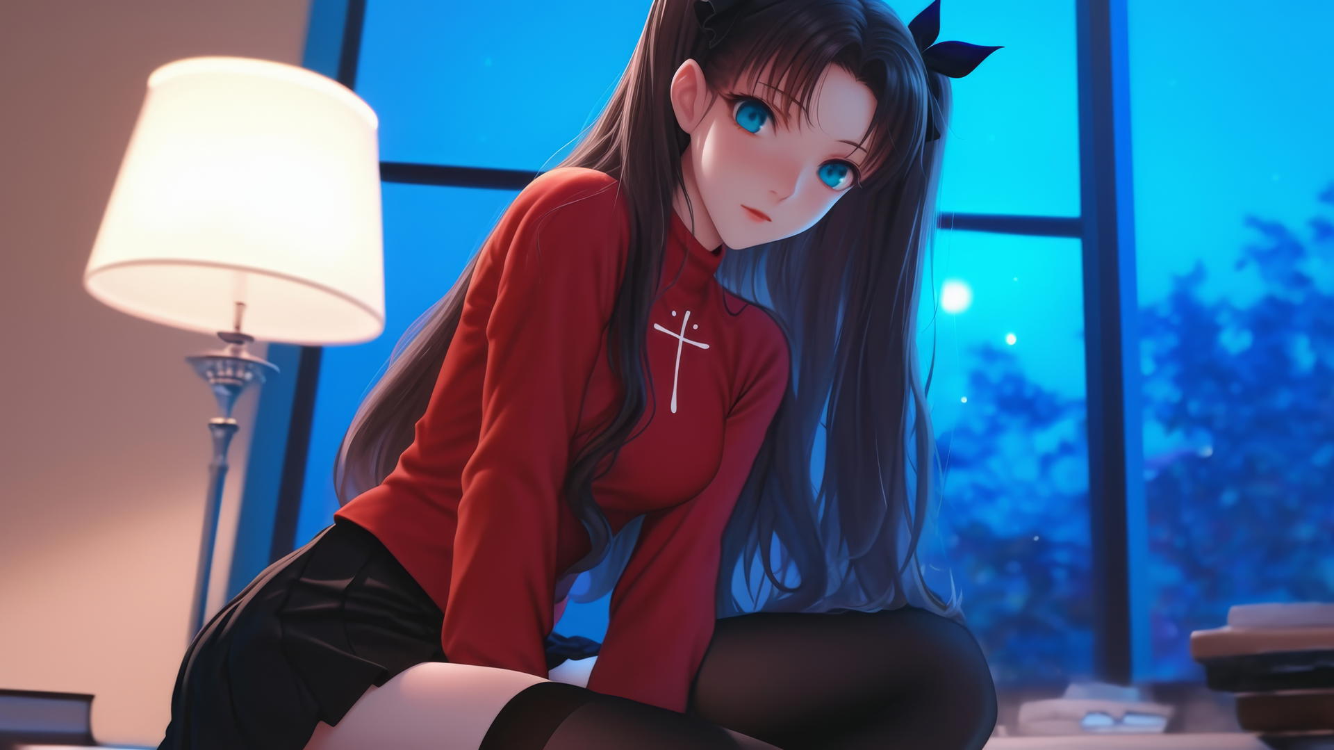 Rin Tohsaka kneeling in a modern hotel room illuminated by moonlight.