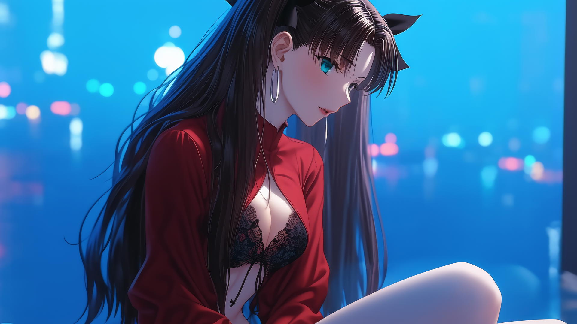 Rin Tohsaka kneeling in a modern hotel room, illuminated by moonlight