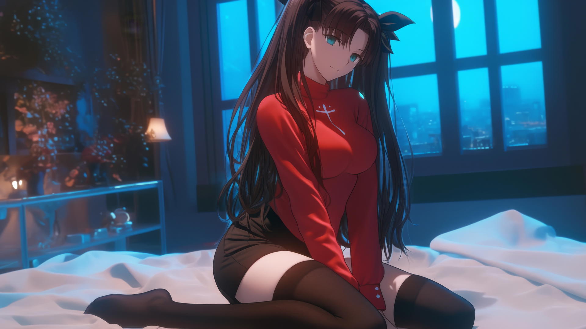 Rin Tohsaka kneeling in a modern hotel room, illuminated by moonlight.