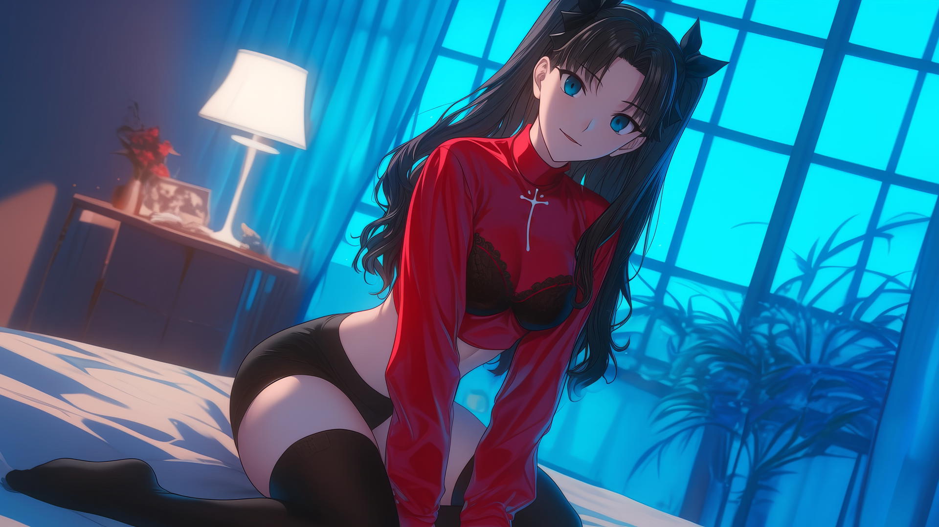 Rin Tohsaka kneeling in a modern hotel room with moonlight glowing on her