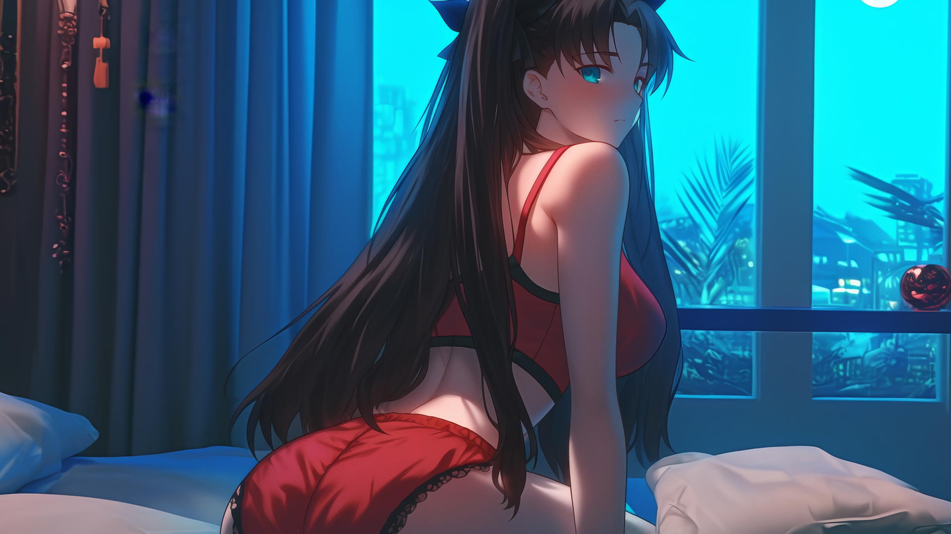 Rin Tohsaka relaxing in a moonlit modern hotel room